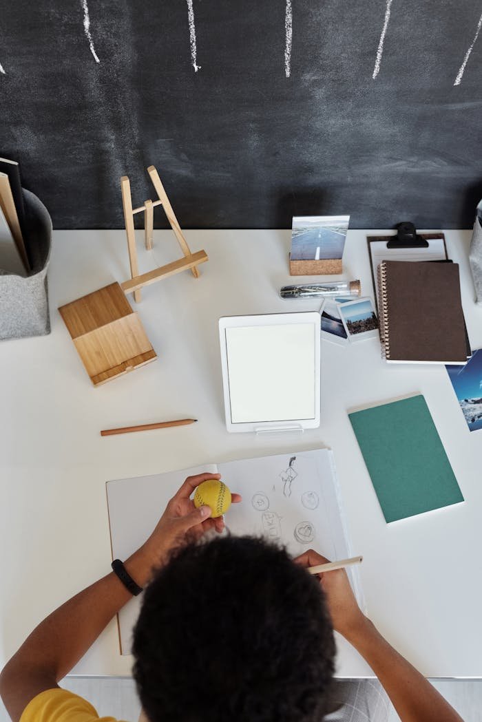 Mastering the First Impression: Your intriguing post title goes here Overhead view of a teenager drawing at a desk with art supplies and tablet.